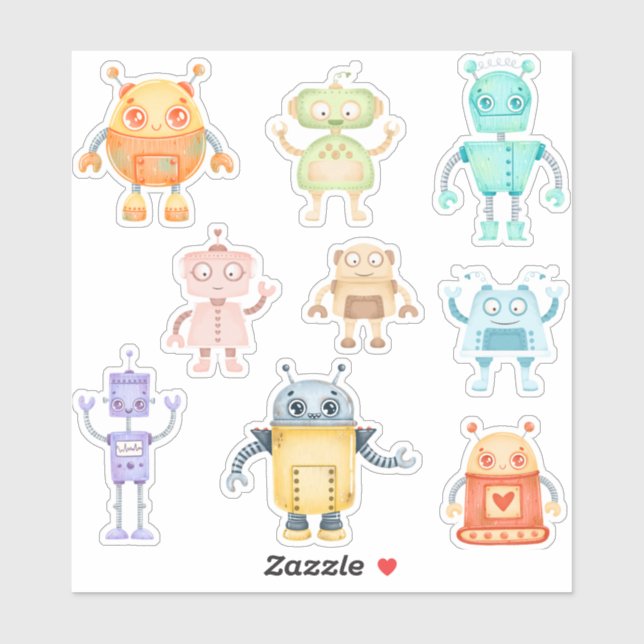 Sticker Aquarelle robots mignons (Feuille)