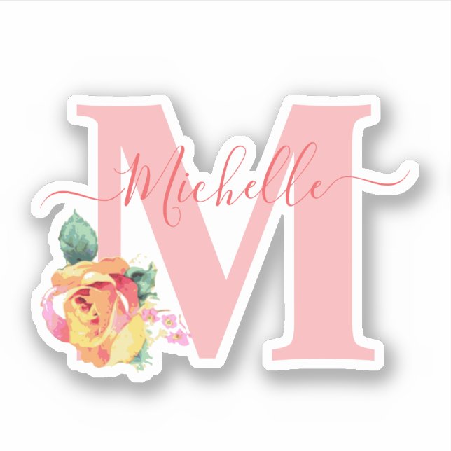 Sticker Aquarelle Rose Florale Lettre initiale Monogramme (Devant)