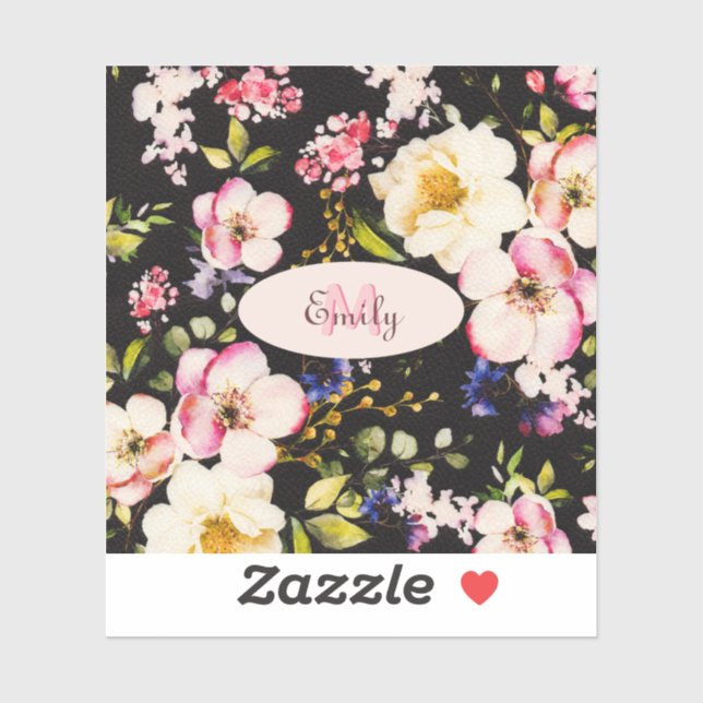 Sticker Aquarelle rose Roses jaunes sur noir, Monogramme (Feuille)
