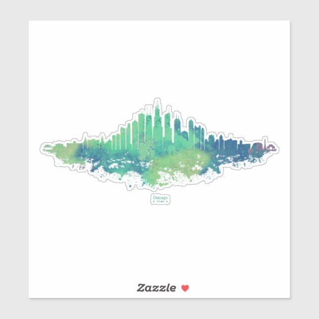 Sticker Aquarelle Skyline de Chicago en bleu et vert (Feuille)