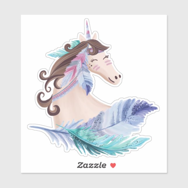 Sticker Aquarelle Tribale sauvage Unicorn Cheval & Plumes (Feuille)