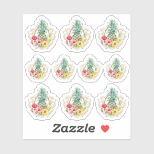 Sticker Aquarelle Tropicale Ananas & Hibiscus Fleurs