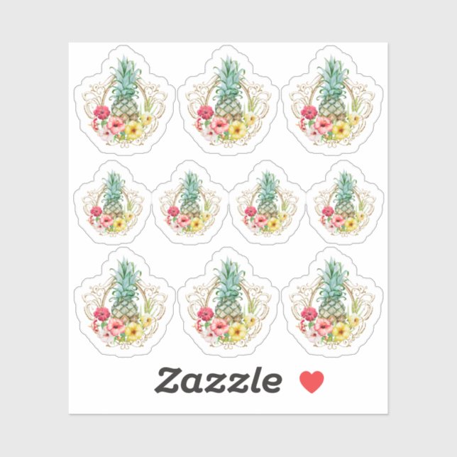 Sticker Aquarelle Tropicale Ananas & Hibiscus Fleurs (Feuille)
