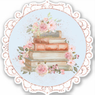 Sticker Aquarelle Vintage rose roses et livres Floral