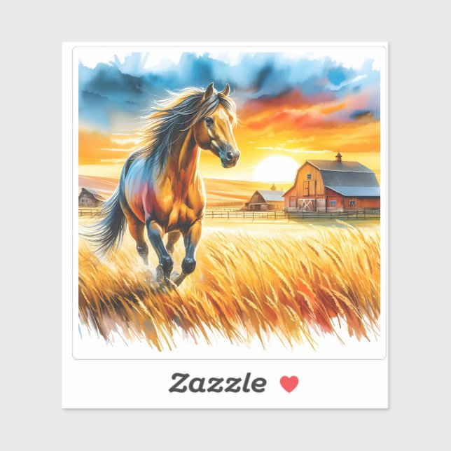 Sticker Aquarelle vive d'un cheval courant au coucher du s (Feuille)