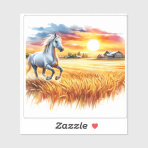 Sticker Aquarelle vive d'un cheval courant au coucher du s