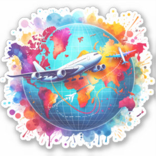 Sticker Aquarelle Voyageons dans le monde