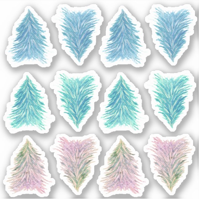 Sticker Arbre de Noël à l'aquarelle Bleu Vert Rose (Devant)