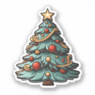 Sticker Arbre De Noël Vert Carton Avec Bauble Rouge