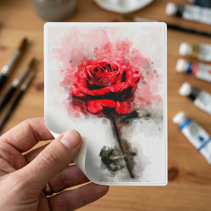 Sticker Art aquarelle d'une rose rouge sur fond blanc