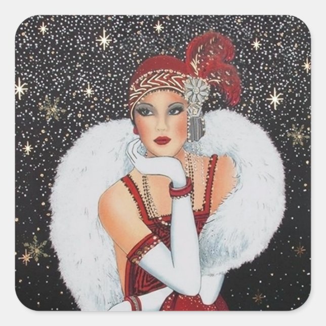 sticker Art déco rétro vintage de Noël dame (Devant)