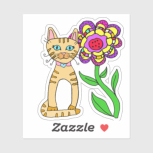 Sticker Art populaire Whimsical Chat et Fleur colorée
