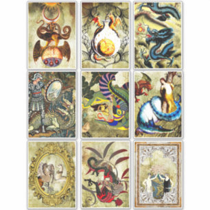 Sticker Art vintage modifié Dragons servantes conte de fée