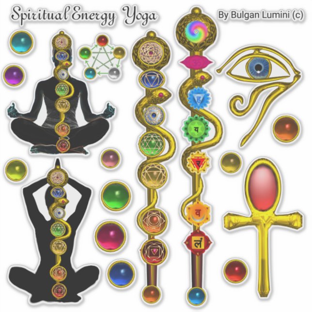 Sticker ASCLEPIUS ROD 7 CHAKRAS YOGA LOTUS POSE, OEil Horu (Devant)