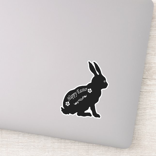 Sticker Assis lapin noir Joyeux Fleurs blanches de Pâques (Détail)