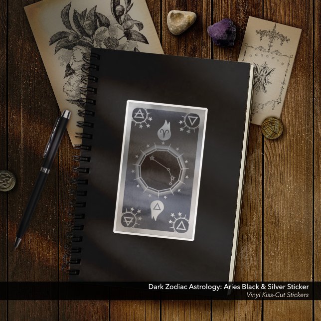 Sticker Astrologie Zodiaque foncée : Bélier noir et argent (Dark Zodiac Astrology: Aries Black & Silver Sticker - Vinyl Kiss-Cut Sticker)