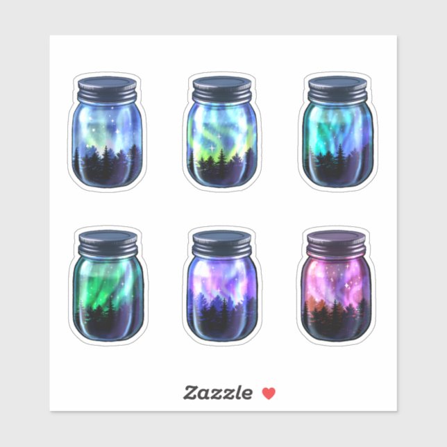 Sticker Aurora Borealis Northern Lights Galaxy Jar Set Sti (Feuille)