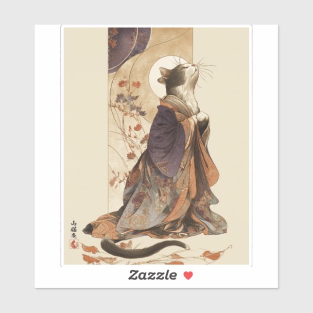 Sticker "Autumn Reverie" Japanese Cat in Kimono Art (Feuille)
