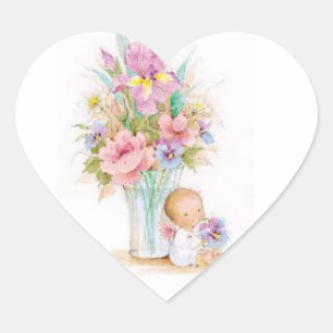 Sticker-Baby Angel Sitting by a Flower Vase Heart Sticker