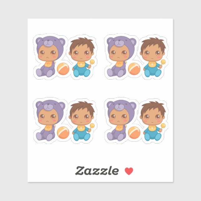 Sticker Baby Boy Twins Purple Bear Jumpsuit Ensemble de 4  (Feuille)