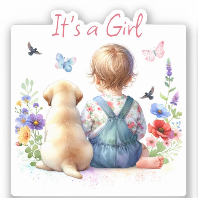 Sticker Baby Girl et son chiot | C'est une aquarelle fille (Recto)