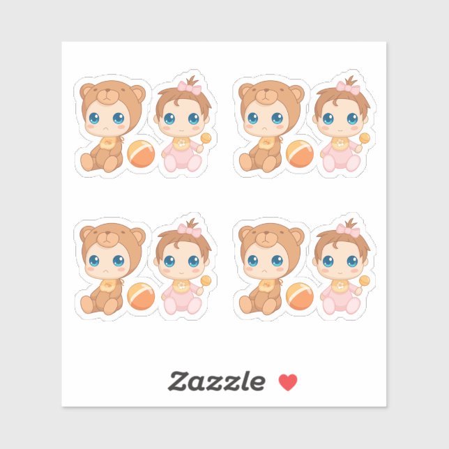 Sticker Baby Girl Twins Bear Jumpsuit Ensemble de 4 (Feuille)