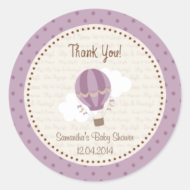 Sticker Baby shower à ballon à air chaud violet (Devant)