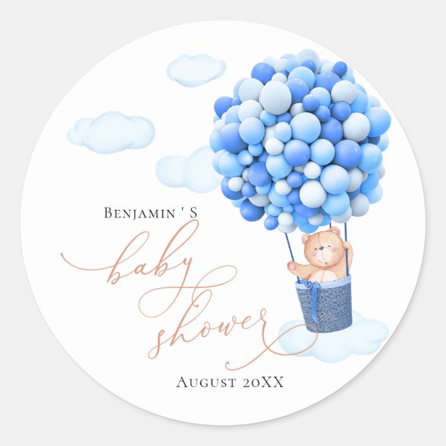 Sticker baby shower Bear Balloon bleu blanc (Devant)