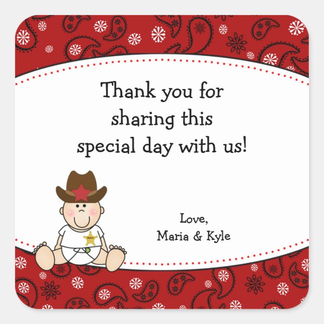 Sticker Baby shower Cowboy Favoriser Merci (Devant)