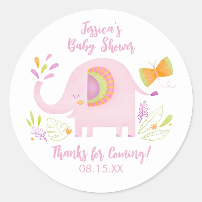 Sticker Baby shower Eléphant Rose Cute (Devant)