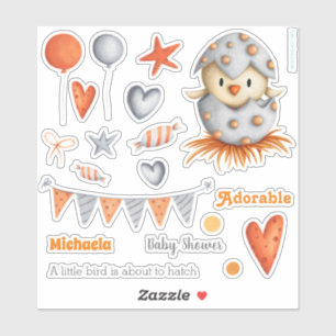 Sticker Baby shower gris et orange petite éclosion d'oisea