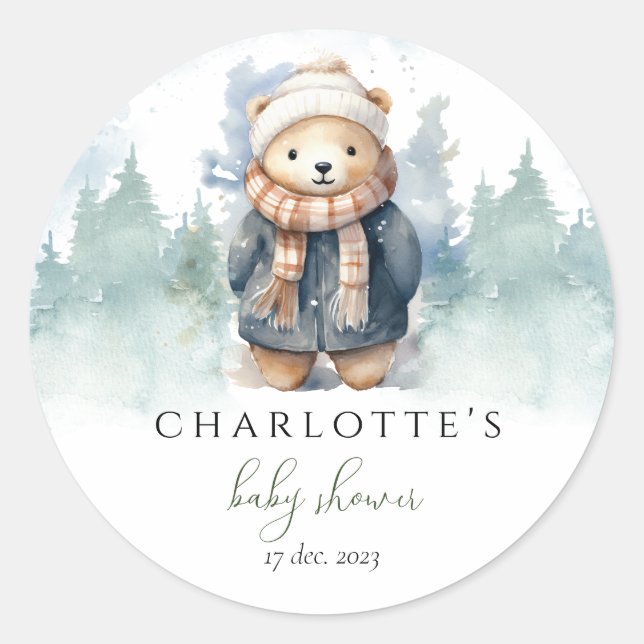 Sticker Baby shower Ours mou de la forêt d'hiver (Devant)
