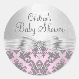 Sticker Baby shower rose et argent Damask