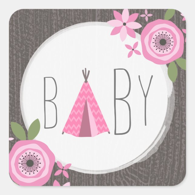 Sticker Baby shower Tipi rose (Devant)
