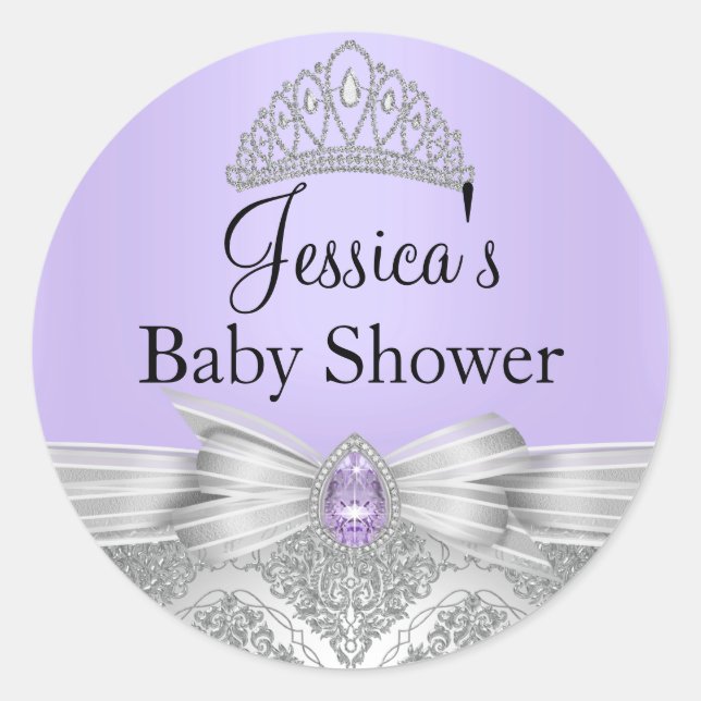 Sticker Baby shower violet Tiara & Argent Damask (Devant)