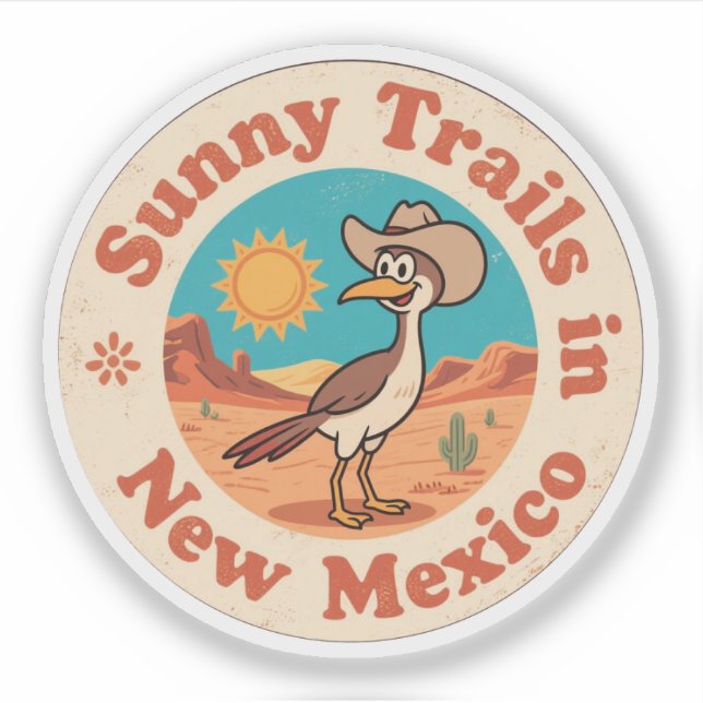 Sticker Badge Retro Nouveau-Mexique_ Roadrunner avec solei (Devant)