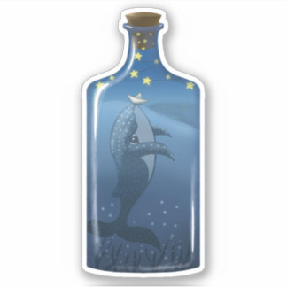 Sticker Baleine avec bateau et étoiles dans une bouteille 