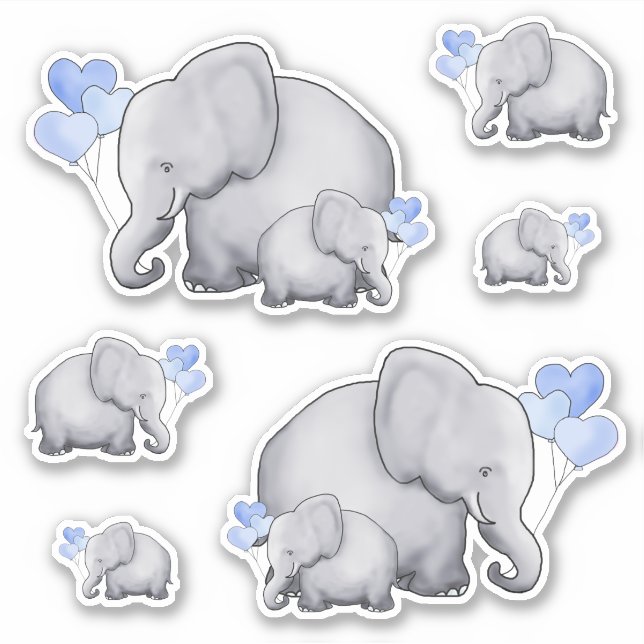 Sticker Ballons Coeur Bleu Cute Bébé Eléphants (Devant)