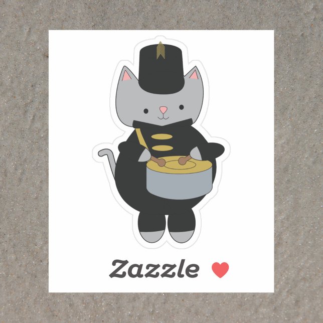 Sticker Bande de marquage des chats Snare Drum Black Gold (A sticker of a cat wearing a black & gold marching band uniform while playing the snare drum)