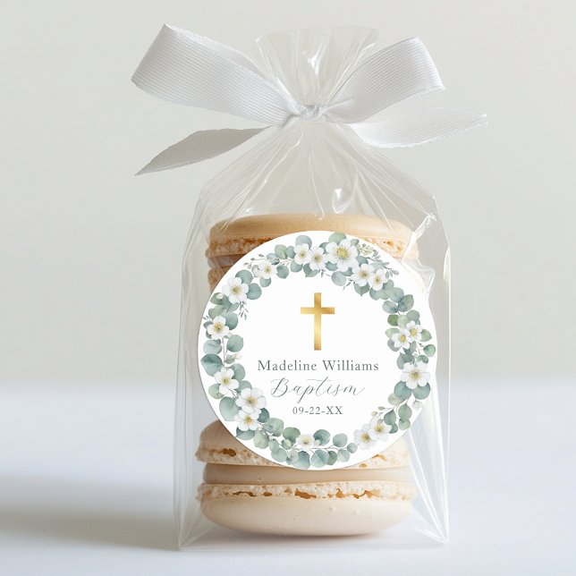 Sticker Baptême de verdure et de croix d'or | Élég (Baptism Sticker Favor)