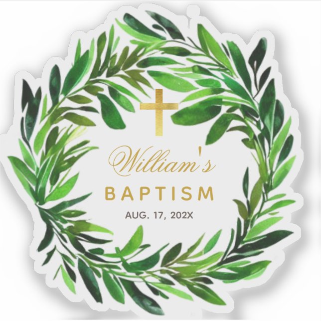 Sticker Baptême Verdure Wreath Faux Gold Cross Script (Devant)