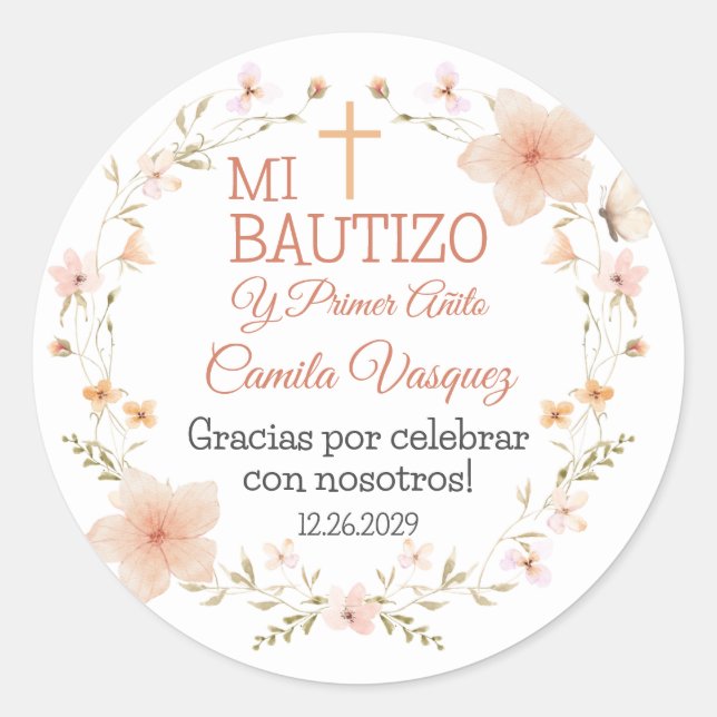 Sticker Baptism en espagnol avec Fleurs roses mign (Devant)
