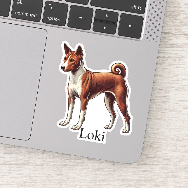Sticker Basenji Rouge blanc Personnalisé Nom mignon (Détail)