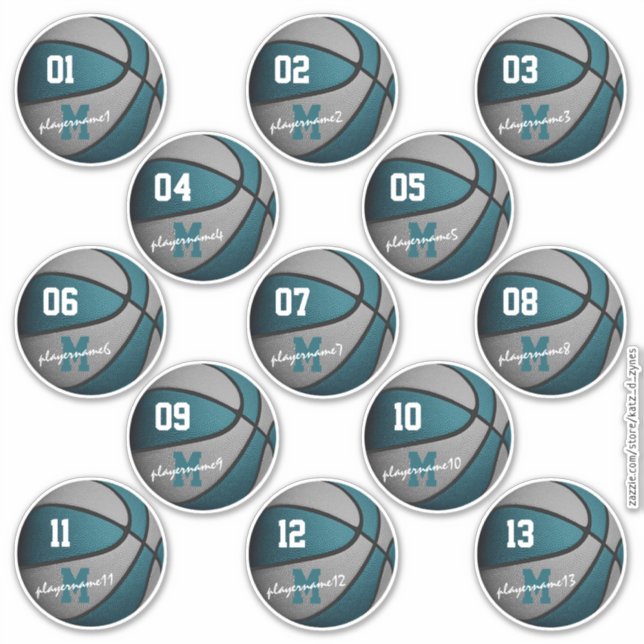 Sticker basket-ball gris turquoise 13 noms des membres de  (Devant)