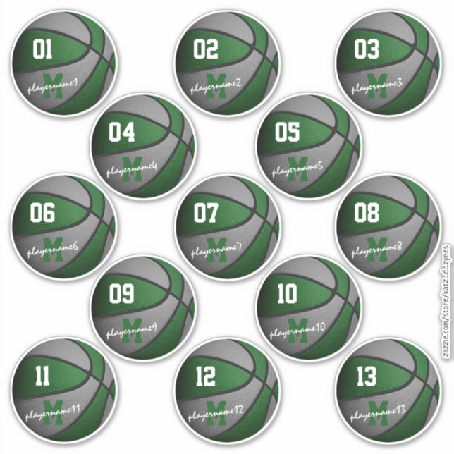 Sticker basket-ball gris vert personnalisé 13 joueurs noms (Devant)