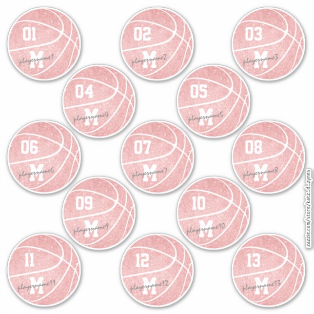 Sticker basketball blanc rose girly 13 joueurs noms (Devant)