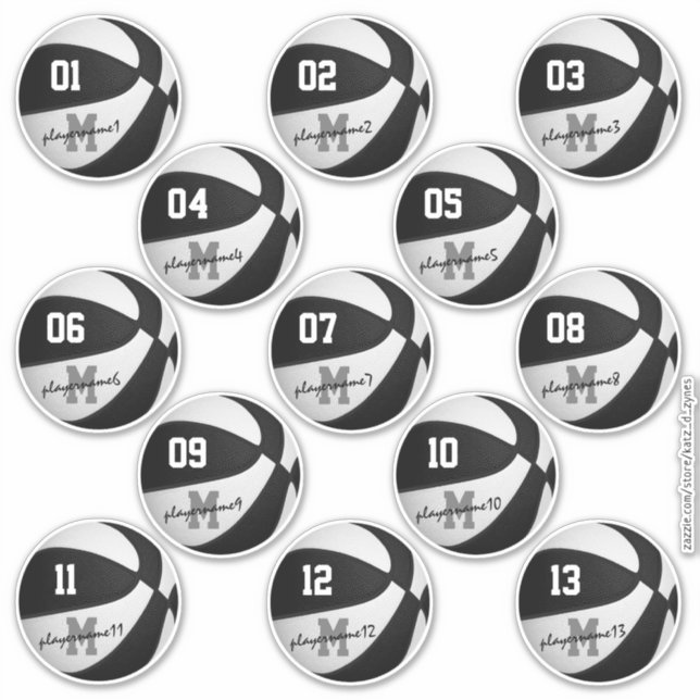 Sticker basketball noir blanc coutume 13 joueurs noms (Devant)