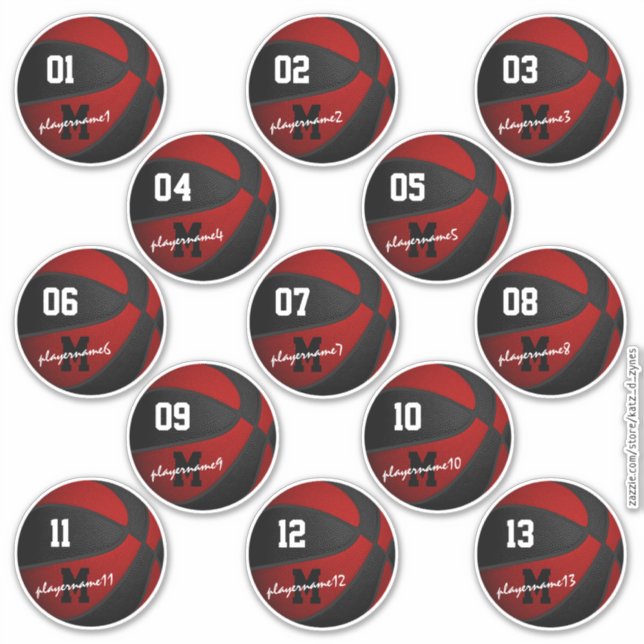 Sticker basketball noir rouge coutume 13 joueurs noms (Devant)