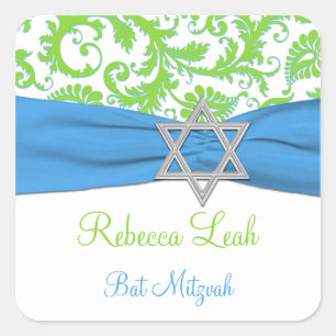Sticker Bat mitzvah bleu, blanc, vert Damask