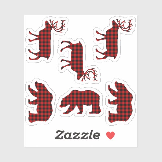 Sticker Bear Elk Buffalo Plaid Lumberjack Check Red (Feuille)